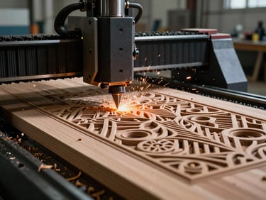 Industrial CNC Router actively carving intricate patterns on a heavy wood panel inside a modern Saudi factory, wood shavings flying, sharp focus, dramatic lighting