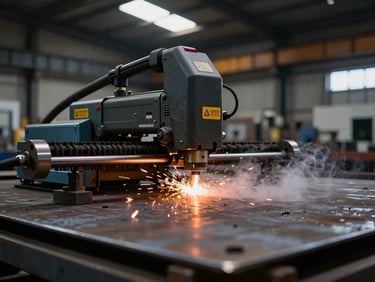 Heavy-duty Plasma Cutting machine piercing industrial metal plate, water cooling mist visible, dramatic warehouse skylight lighting