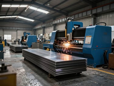 Wide environmental shot of a busy metal fabrication factory in Riyadh, bright overhead skylights, clean floor, several metal sheets stacked near a large blue CNC machine