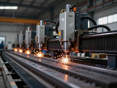Row of automated CNC plasma cutting machines operating in a modern Saudi Arabian steel fabrication plant, low angle cinematic shot