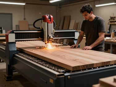 Modern woodworking workshop in Jeddah, a technician standing beside a large CNC router machine actively cutting a wooden panel, warm lighting