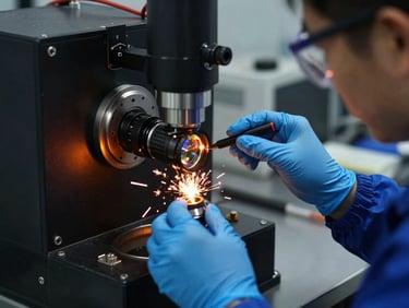 A technician wearing blue protective gloves and safety glasses carefully inspecting the optical lens of a fiber laser head inside a clean factory environment