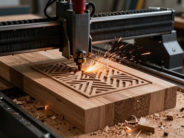 A heavy-duty CNC router machine cutting intricate geometric patterns into a thick block of natural oak wood, wood shavings flying, industrial setting