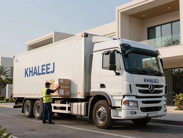Wide shot of an immaculate, branded Khaleej logistics truck parked outside a modern Jumeirah villa, crew members systematically loading secured cargo under bright morning sun.