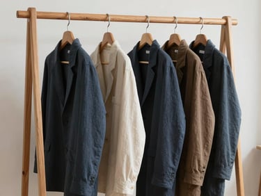 A minimalist wooden rack displaying finished contemporary garments in soft driftwood and deep slate tones, natural studio lighting.