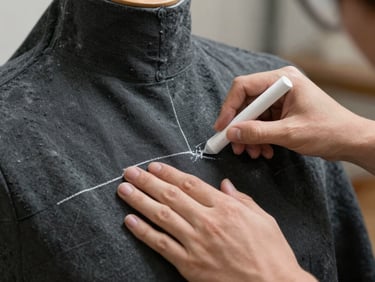 Close-up of hands using chalk to mark clean lines on a heavy charcoal fabric draped over a mannequin, soft natural daylight.