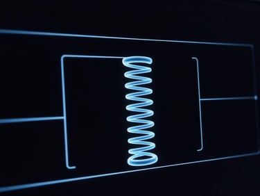 Abstract vector wireframe schematic of UI physics and spring constants on a pitch-black background, glowing blue lines, high contrast, technical blueprint style