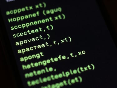 Macro photography of an Android device screen showing a high-contrast monospaced terminal launcher, neon green glow, dark-mode-first aesthetic, low-key lighting, 35mm