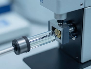Macro shot of a high-performance liquid chromatography HPLC column in a clean laboratory, cool blue tones, precision scientific instrumentation, sharp focus.