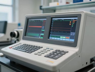 Macro close-up of a modern 400 MHz NMR spectrometer console in a clean, daylight-lit laboratory environment, focused on active digital chromatogram screens.