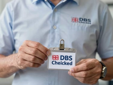 A close-up of a locksmith's ID badge with 'DBS Checked' visible, held by a professional in a branded uniform.