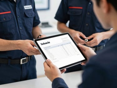 A locksmith presenting a clear, itemized digital invoice on a tablet to a customer, both in branded uniforms.