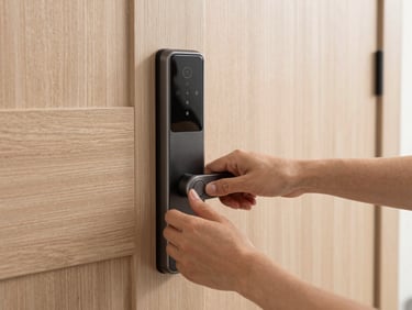 Close-up of a smart lock being installed on a modern wooden door, clean hands, natural daylight, interior setting