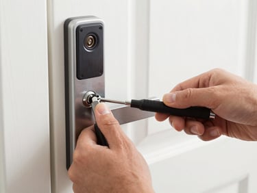 Close-up of a locksmith's hands using specialist tools for non-destructive lock picking on a modern door lock.