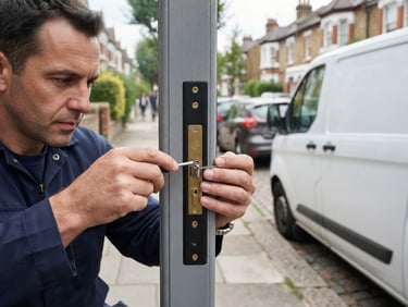 Professional locksmith in branded uniform, hands working on a modern door lock, with a clean service van partially visible in the background on a UK residential street, natural daylight.