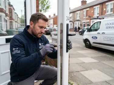 Professional locksmith in branded uniform working on a modern UPVC door lock in a typical UK residential street, service van visible in background, natural daylight.