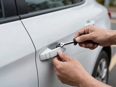 Close-up of a locksmith's hands working on a modern car door lock, professional tools, natural daylight, UK street setting