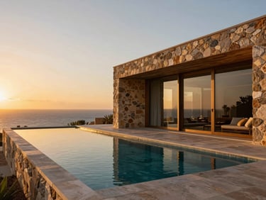 A luxury minimalist villa in Mnar, Tangier, stone and wood exterior, infinity pool blending with the Mediterranean horizon, warm golden-hour sunset.