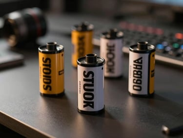 Dramatic close-up of physical film canisters on a dark editing table, warm golden light catching the metallic edges, professional studio environment.