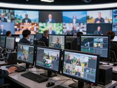 Wide environmental shot of a television broadcast studio, glowing monitors showing video feeds, professional high-end production equipment in soft focus.