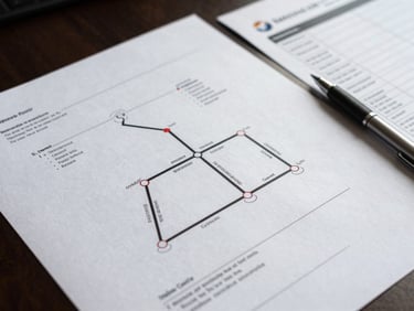Close-up overhead of a logistics routing diagram on a desk — printed flow charts and compliance checklists under flat diffused office window light, pen resting beside a document, no faces visible