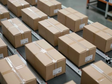 Overhead detail shot of cargo parcels and boxes arranged on a sorting conveyor belt under clean warehouse lighting, labels visible but unreadable, tight framing showing operational throughput