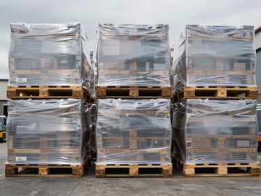 Tight overhead shot of freight cargo pallets wrapped in clear film on a warehouse loading dock under flat overcast studio lighting, uniform rows showing precise stacking and load organisation