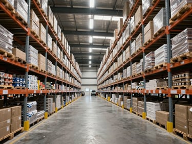 Wide interior shot of a large logistics warehouse with high racking systems and organised pallet bays under clean fluorescent lighting, aisle perspective showing depth and operational scale, no people