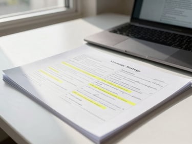 Close-up of a printed strategy document with handwritten annotations and highlighted sections on a clean desk, natural window light falling across the page, a laptop partially visible in the background showing a website wireframe — focus on the document as a work artifact.