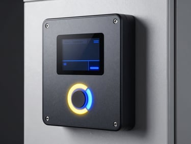Clean technical layout of industrial bioseguridad access control terminal with metallic finish
