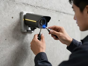Close-up of a professional technician in dark uniform wiring a high-definition security camera on a concrete wall, high-contrast industrial lighting, focus on hands and precision tools