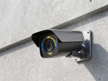 Precision installation of a modern security camera on a clean concrete wall, sharp architectural angle