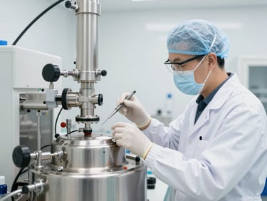 Factory-trained engineer performing preventive maintenance on a bioprocess bioreactor, sterile environment, clinical white lighting, sharp focus.