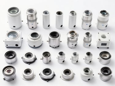 Organized display of genuine spare parts for scientific equipment, sterile white background, high-key lighting.