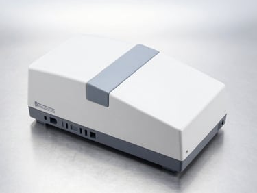 A high-resolution orthographic shot of a clinical laboratory instrument datasheet on a clean silver surface, bright studio lighting