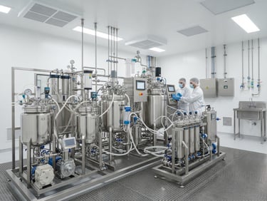 Wide cleanroom perspective showing a sterile stainless steel bioprocessing setup under bright clinical white light, sharp focus, 50mm lens.