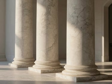 Close-up of a minimalist travertine marble colonnade bathed in soft morning light, architectural shadow play, high-end raw material texture