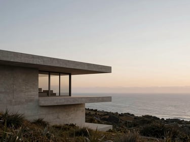 Minimalist concrete cliffside villa, wide-angle lens, soft morning light, ocean horizon.