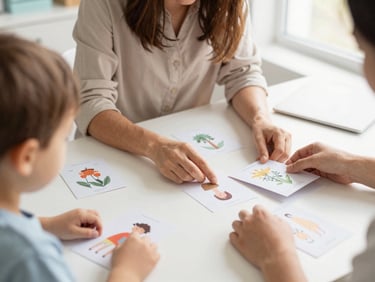 Fonoaudióloga guiando a un niño pequeño a seleccionar tarjetas de vocabulario ilustradas, con luz natural suave, enfoque en las manos y el material.