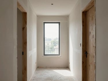 Architectural interior photography of a clean, minimalist hallway under construction, perfect drywall joints, crisp plaster lines, natural morning window light, 35mm