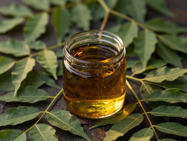 Glistening dark neem oil in a clean glass container, surrounded by fresh neem leaves, studio lighting, sharp detail.