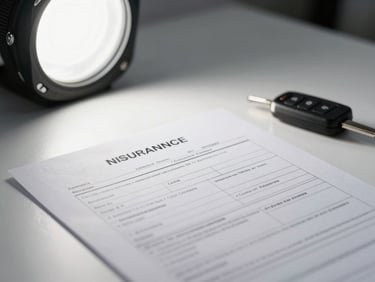 Close-up of a printed insurance claim document on a clean white desk next to a car key, bright flat overhead studio light, clinical and precise composition
