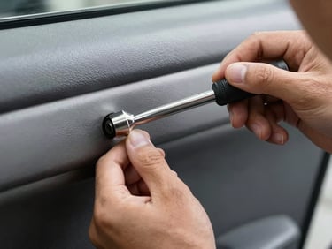 Extreme close-up of a technician's hands using a metal PDR rod against the inside of a car door panel, bright diffused studio light, sharp metallic surface detail, no shadows