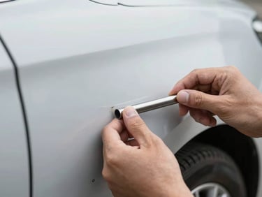 Close-up of two bare hands using a PDR metal rod to push out a dent from behind a car panel, bright diffused daylight, no clutter, technical documentation framing
