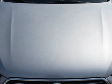 Straight-on documentation shot of a car hood surface showing multiple small hail impact dents, bright even daylight, cold steel-grey paint, no distracting background