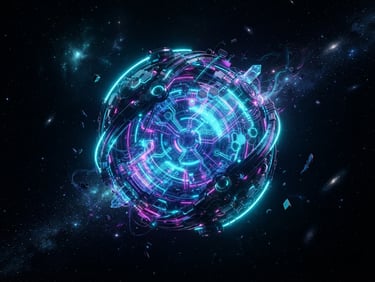 3d render of a glowing futuristic AI core orb floating in cosmic black space, vibrant neon cyan and ultra violet rim lighting, high contrast