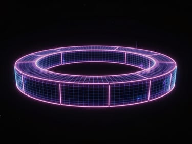 3d render, dark atmospheric environment, vibrant neon rim lighting, deep cosmic black, dynamic wide angle, glowing wireframe of a digital arena floating in zero gravity space