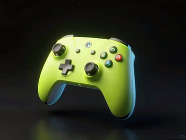 3d render, off-axis angle of a floating glowing gaming controller with toxic lime accents