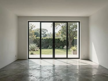 Minimalist residential interior flooded with natural light, clean lines, polished concrete floor, large black-framed window.