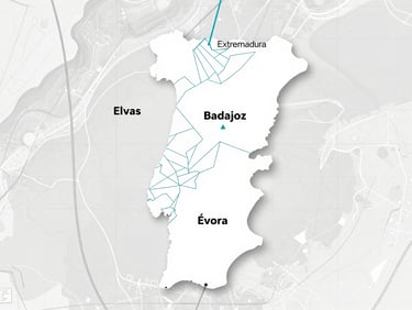 Top-down architectural graphic map of the Extremadura and Portugal border region, highlighting Badajoz, Elvas, and Évora with clean cyan lines and slate grey tones, minimalist technical aesthetic, sharp focus.